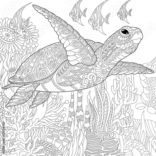 Stylized Cartoon Underwater Composition Of Turtle Tortoise