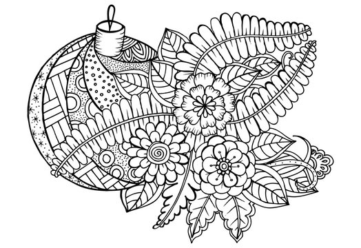 Party ball in black and white for coloring. Xmas illustration for art therapy coloring book