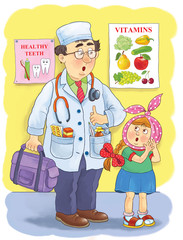 Professions. Coloring page. A cute doctor and his patient. Illustration for children
