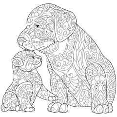 Stylized cute friends cat (young kitten) and labrador dog (puppy). Freehand sketch for adult anti stress coloring book page with doodle and zentangle elements.