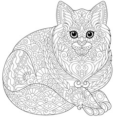 Stylized cute cat (young kitten). Freehand sketch for adult anti stress coloring book page with doodle and zentangle elements.