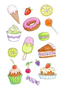 Sketchy image set of sweet cakes and candies hand drawn and colored in a traditional watercolor or markers style. Black and white version of this illustration is available too.
