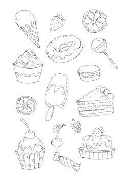Sketchy style image set of sweet cakes and candies for a coloring book. Colored version of this illustration is available too.