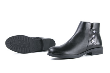 male boots black leather on white background, isolated product, top view