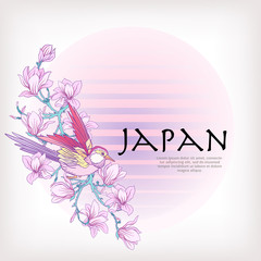 Card or label with Japanese magnolia pattern and decorative bird