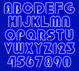 Glowing blue Neon Alphabet with letters from A to Z and digits from 0 to 9 with wires, tubes, brackets and holders. Shining and glowing neon effect. Every letter or digit is separate unit.