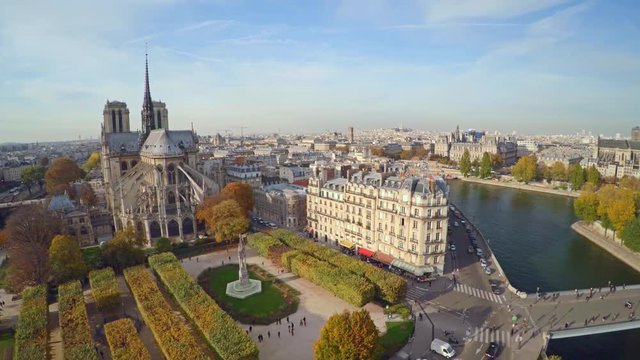 Aerial view of Paris with Notre Dame cathedral 