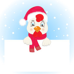 Greeting card with a rooster in a Santa Claus hat and scarf
