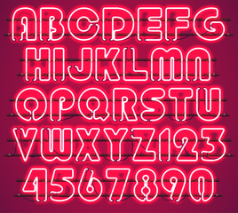 Glowing Red Neon Alphabet with letters from A to Z and digits from 0 to 9 with wires, tubes, brackets and holders. Shining and glowing neon effect. Every letter or digit is separate unit .