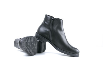 male boots black leather on white background, isolated product, top view