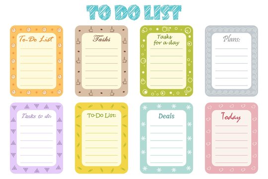 Set of eight planners "To-Do List" for organizing a day. Vector illustration