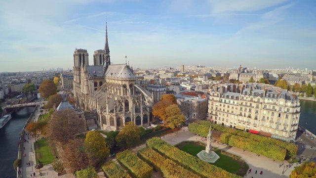 Aerial view of Paris with Notre Dame cathedral 