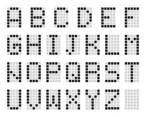 Digital terminal table led font, with grid, black isolated on white background, vector illustration.