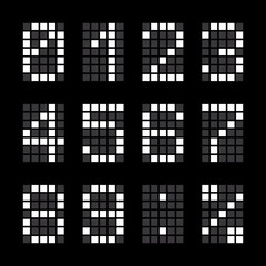 Fototapeta premium Calculator digital numbers, terminal table led font, with grid, white isolated on black background, vector illustration.