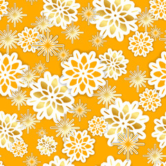 Gold and orange paper snowflakes and flowers seamless pattern. Vector illustration.
