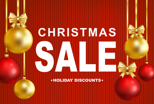 Christmas sale discount with balls banner on knitted texture background.