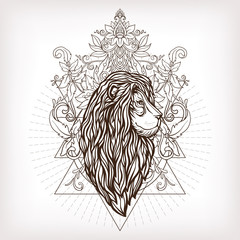 Fototapeta premium Vector ornamental Lion head with sacred geometry. Hand drawn ill