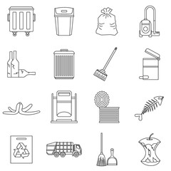 Garbage thing icons set. Outline illustration of 16 garbage thing vector icons for web