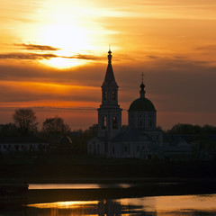 Church in the sunrise. Russia, the city of Tver.