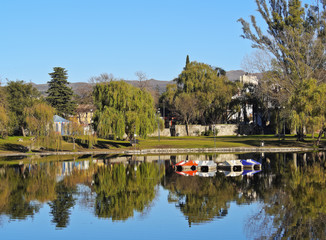 Argentina, Cordoba Province, Alta Gracia, View of El Tajamar, Jesuit made artificial lake.