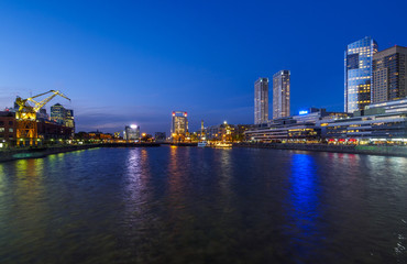 Argentina, Buenos Aires Province, City of Buenos Aires, Twilight view of Puerto Madero.