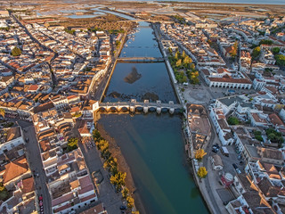 Aerial. Arabic bridge over the river Gilao, town of Tavira.