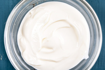 Fresh White Yogurt In Glass Bowl