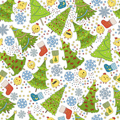 Pattern with Christmas tree, snowflake and chicken for winter holidays design. Template for postcards, greetings, advertisements, covers, gift packaging, web design © yepifanovahelen