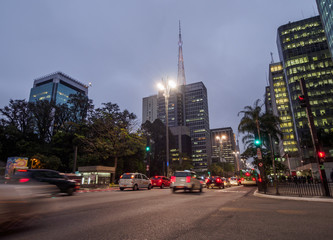 Brazil, State of Sao Paulo, City of Sao Paulo, Twilight view of the Paulista Avenue.