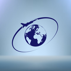 Airplane fly around the planet Earth. Logo.