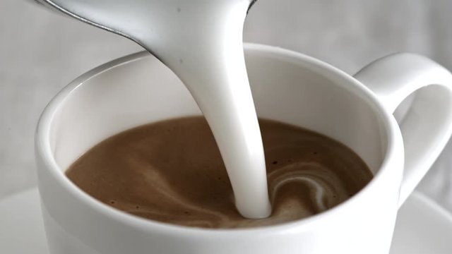 Pouring latte cappuccino cup in slow motion