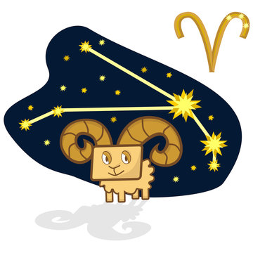 Cartoon Zodiac signs. Vector image of the Aries with a rectangular face. A schematic arrangement of stars in the constellation Aries