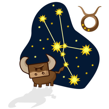 Cartoon Zodiac signs. Vector illustration of the Taurus with a rectangular face. A schematic arrangement of stars in the constellation Taurus
