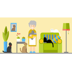 Funny grandma lives with five cats in the house. Vector flat illustration.