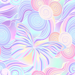 Seamless pattern with traditional Japanese motifs, butterflies,