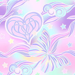 Seamless pattern with traditional Japanese motifs, butterflies,