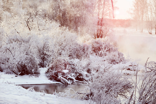 River in winter forest at sunset