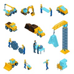 Set Isometric icons for construction workers, crane, machinery, power, transport, managers, laptop, clothes isolated on white background © elizaliv