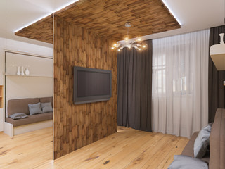 3d illustration of interior design living room with bed wardrobe. Interior is made in modern minimalist style