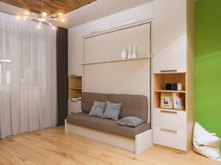 3d illustration of interior design living room with bed wardrobe. Interior is made in modern minimalist style
