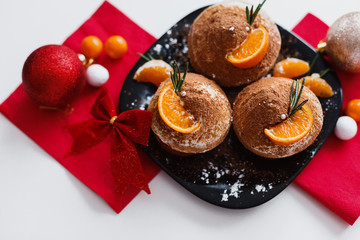 Chocolate cupcakes on red napkin closeup