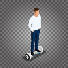 Isometric people, a man playing a game, 3D ride, ride control. GyroScooter on a transparent background. Vector illustration