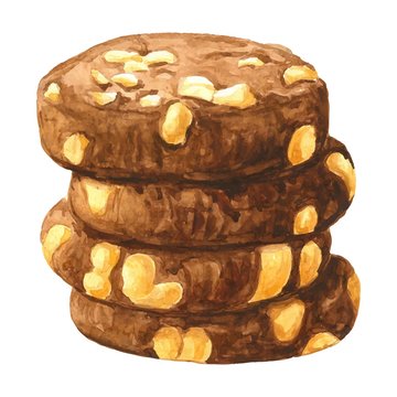 Hand drawn watercolor pile of delicious chocolate cookies, isolated on white background. Vector illustration.