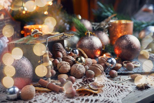 Variety of nuts in Christmas and New Year decoration