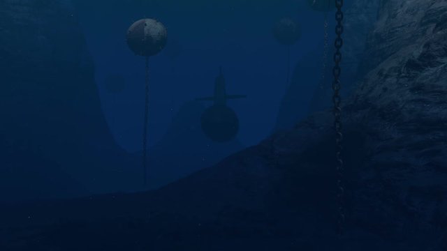 Computer generated submarine passing through a minefield