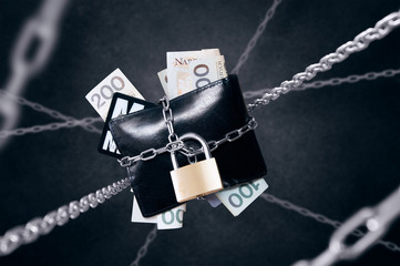 Chained wallet. Conception of finance security and protection