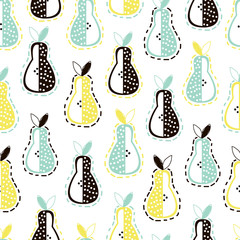 Modern fruit seamless pattern. Background with pears. Great for kids fabric, textile, etc. Vector Illustration