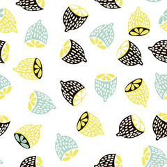 Fototapety  Modern fruit seamless pattern. Background with lemons. Great for kids fabric, textile, etc. Vector Illustration