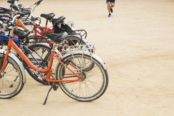 Fototapeta premium Group of colorful vintage bicycles parked on a row in Citadel Park in Barcelona, Spain