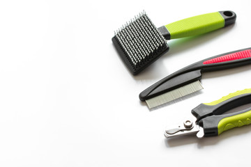 concept pet care and grooming on white background top view